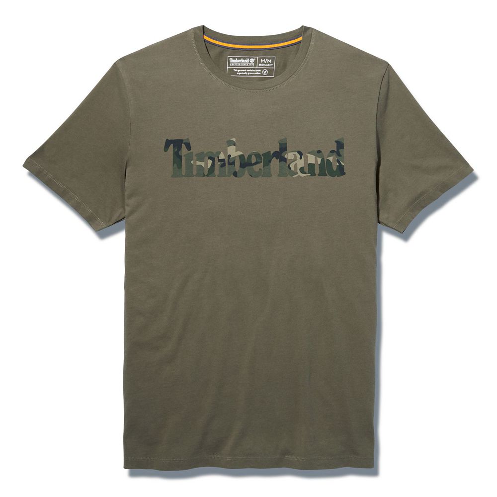 Timberland Mens T-Shirts Kennebec River Camo-Logo - Olive - India XR3719850